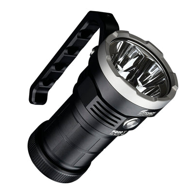 Fitorch P200 angled view showing the four reflectors and silver bezel