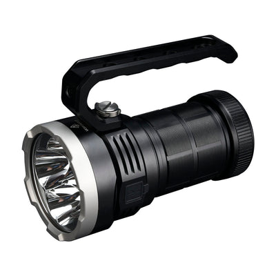 Fitorch P200 black searchlight with the detachable carry handle raised