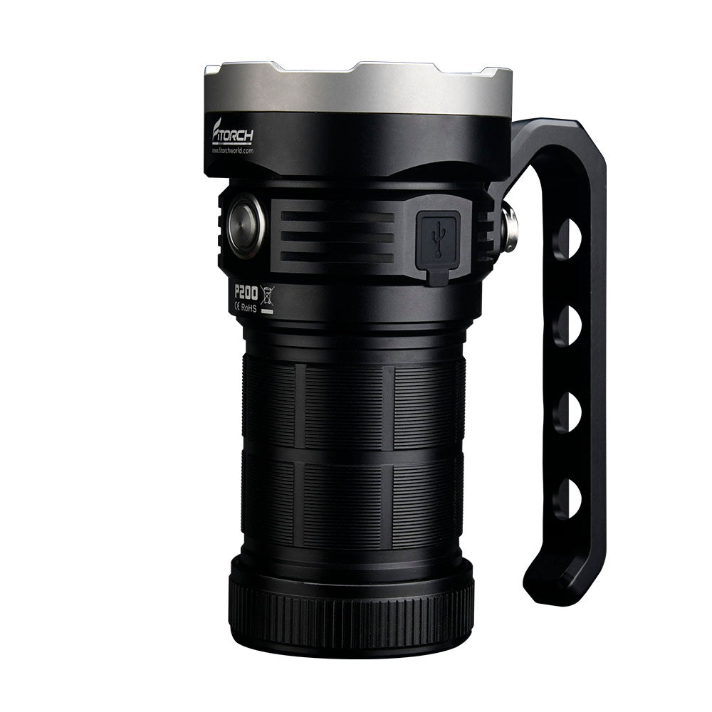 Fitorch P200 upright black searchlight showing the USB port cover and side handle
