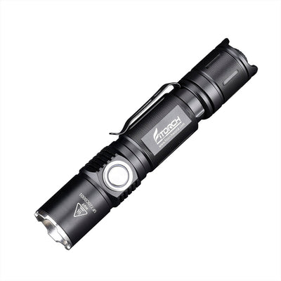 Fitorch P20C black flashlight angled to show the metal side switch and pocket clip