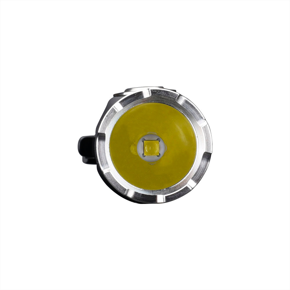 Fitorch P20C front view of the LED and reflector inside the silver bezel
