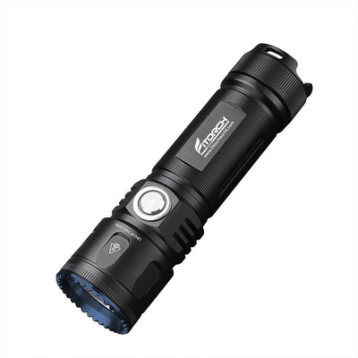 Fitorch P26RGT black flashlight angled to show the metal side switch and blue bezel