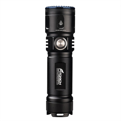 Fitorch P26RGT upright flashlight with the side switch and Fitorch marking facing forward