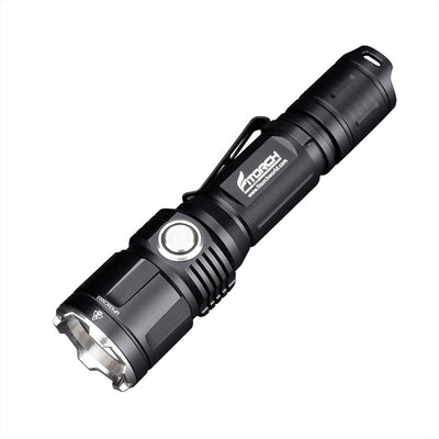Fitorch P30C black flashlight angled to show the metal side switch and pocket clip