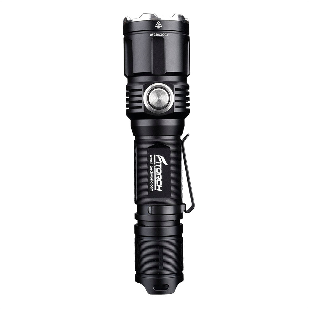 Fitorch P30C upright black flashlight with the side switch facing forward