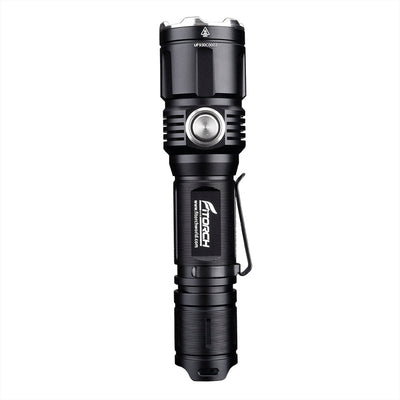 Fitorch P30C upright black flashlight with the side switch facing forward