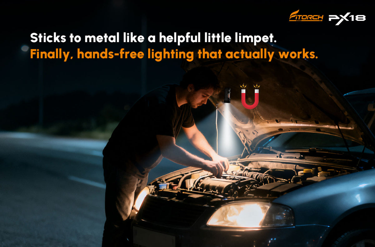 Fitorch PX18 flashlight attached under a vehicle hood while a person works on the engine