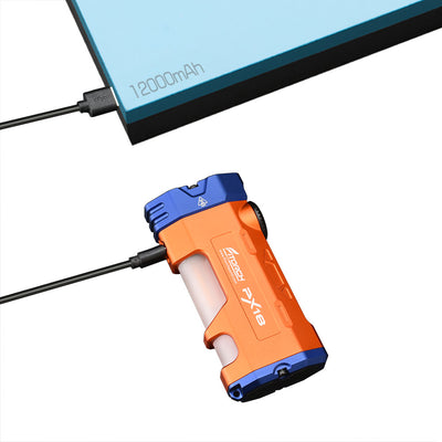 Fitorch PX18 orange and blue flashlight charging by cable from an external power bank