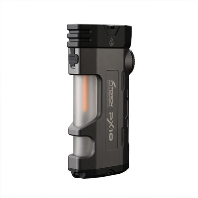 Fitorch PX18 dark flashlight side view showing the translucent side-light panels