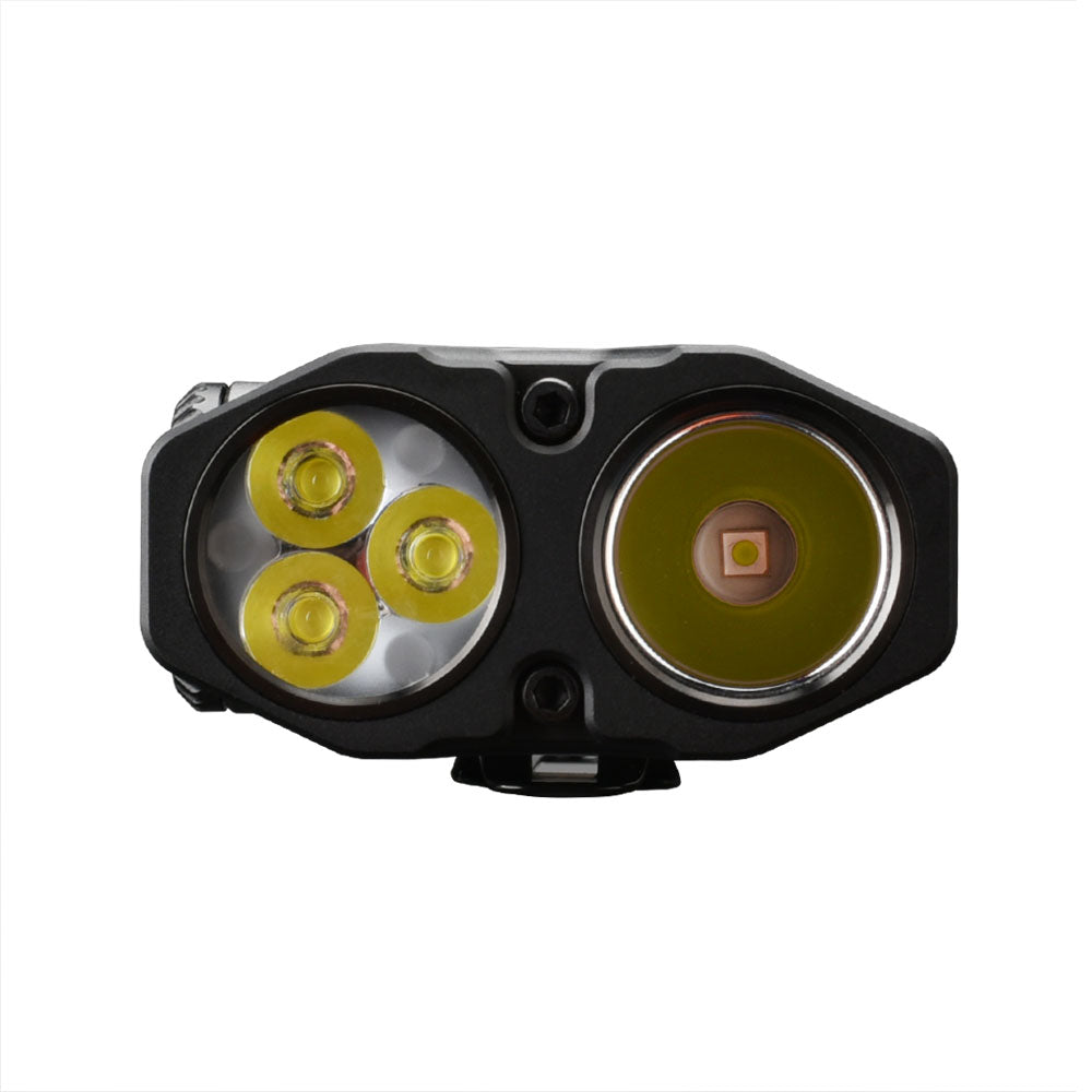 Fitorch PX18 front view showing one spotlight reflector and three floodlight LEDs