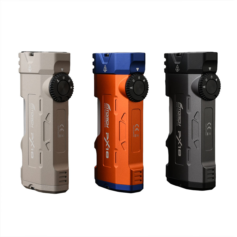 Fitorch PX18 three flashlight color versions standing side by side with rotary dials visible