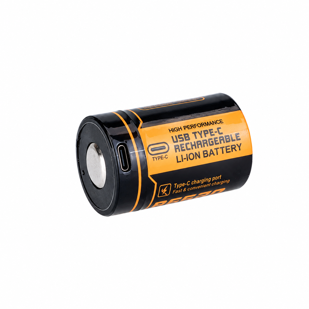Fitorch UC20R battery angled to show its USB-C charging port and Type-C rechargeable label