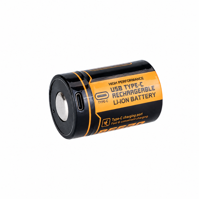 Fitorch UC20R battery angled to show its USB-C charging port and Type-C rechargeable label