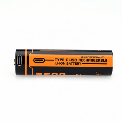 Fitorch UC26R angled battery view showing the Micro-USB rechargeable label and 9.62Wh rating