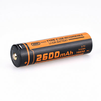 Fitorch UC26R battery angled to show the positive terminal, 2600mAh capacity and 3.7V rating