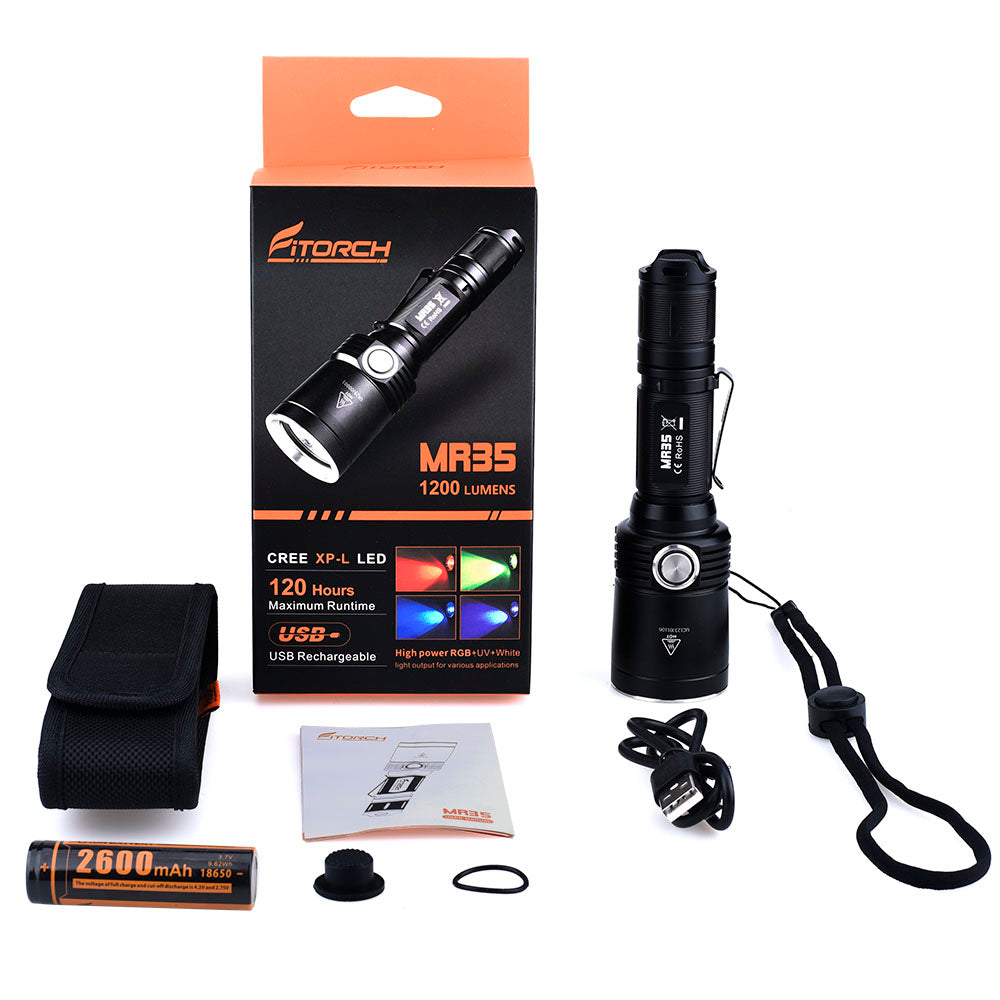 Fitorch MR35 Rechargeable flashlight with 5 LEDs(white+RBG+UV)