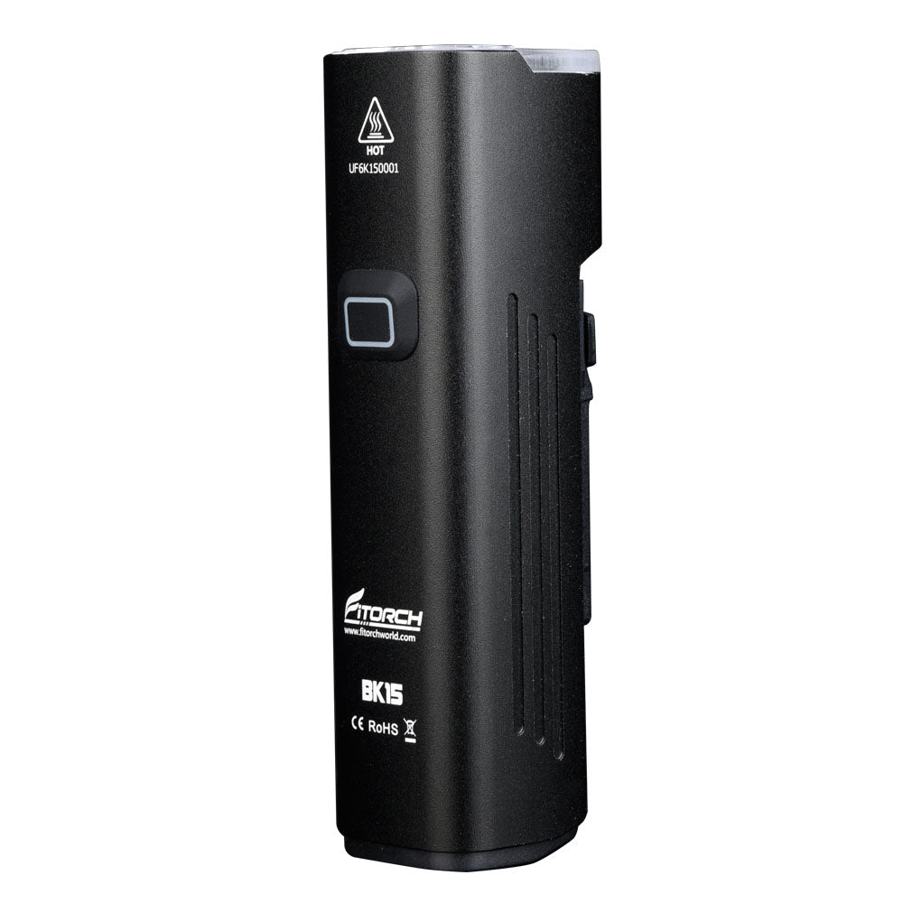 Side view of the Fitorch BK15 bike light with dual-beam housing and side button