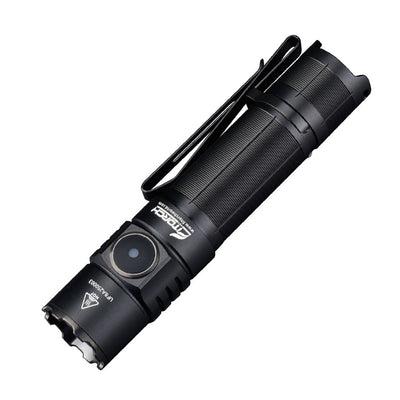 Angled Fitorch EA25 flashlight showing the metal side switch, black body and two-way clip