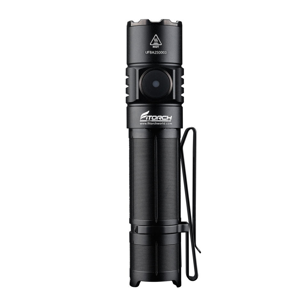 Front view of the Fitorch EA25 flashlight with its side switch and two-way pocket clip