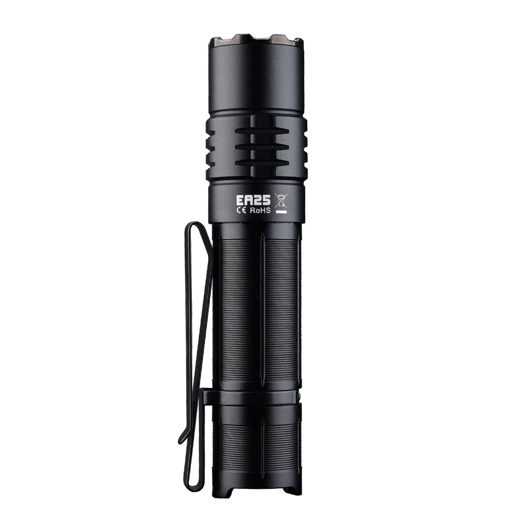 Rear view of the Fitorch EA25 flashlight showing the EA25 model marking and pocket clip
