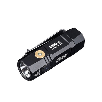 Fitorch ER20 black flashlight at an angle showing the reflector, side switch and pocket clip