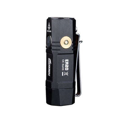 Fitorch ER20 black flashlight standing upright with its pocket clip and charging contact visible