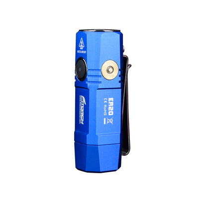 Fitorch ER20 blue flashlight standing upright with its charging contact and pocket clip visible