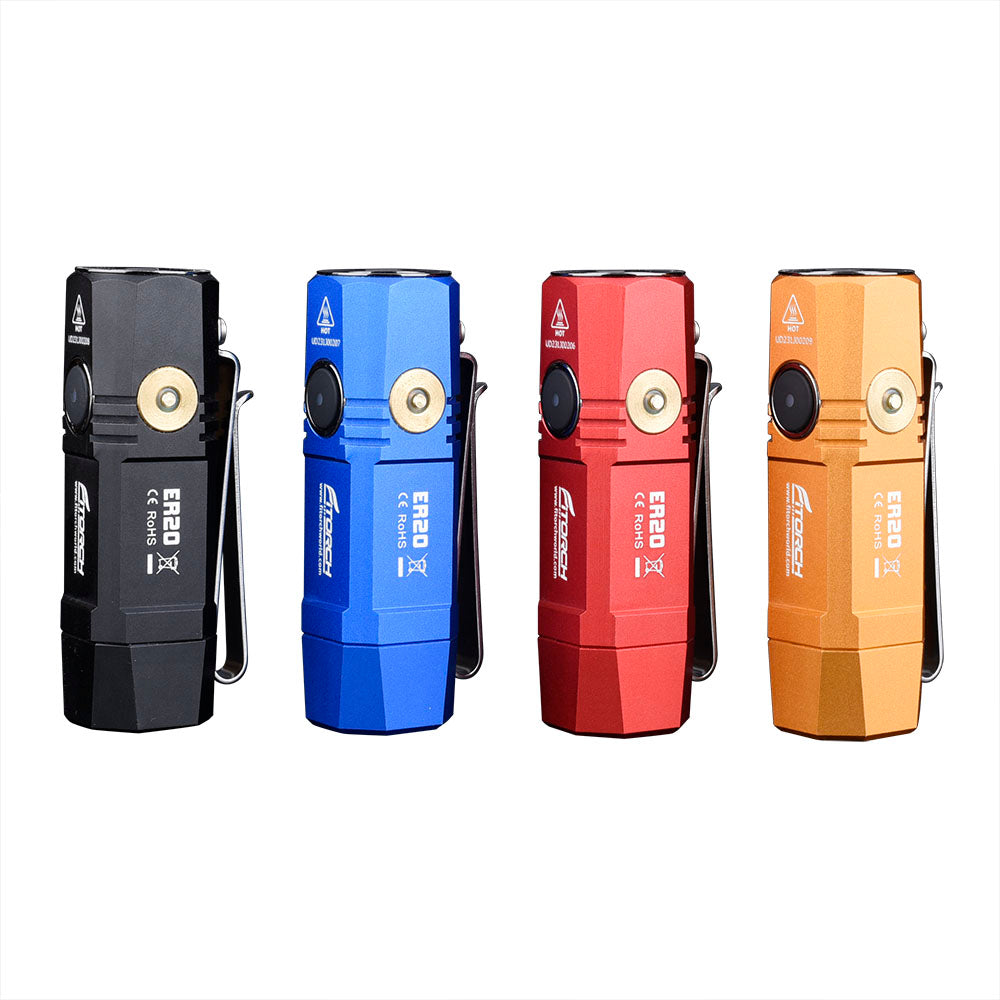 Fitorch ER20 mini flashlights in black, blue, red and orange with side charging contacts