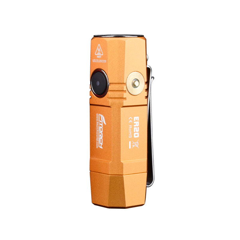 Fitorch ER20 orange flashlight standing upright with its side switch and charging contact visible