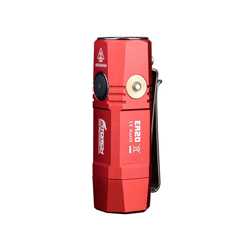 Fitorch ER20 red flashlight standing upright with its side switch and pocket clip visible