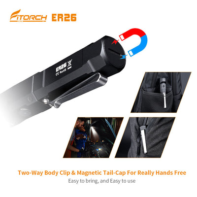 Fitorch ER26 two-way clip and magnetic-tail overview with pocket and repair-lighting scenes