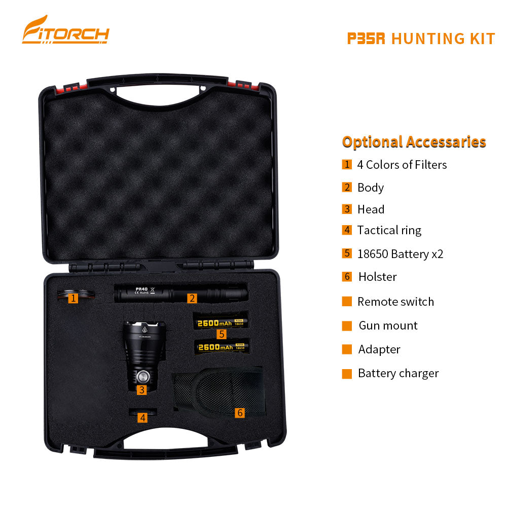 Open flashlight kit case with two batteries, accessory checklist and P35R heading