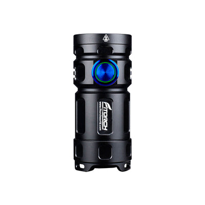 Fitorch P25GT upright black flashlight with a blue side switch and green indicator ring