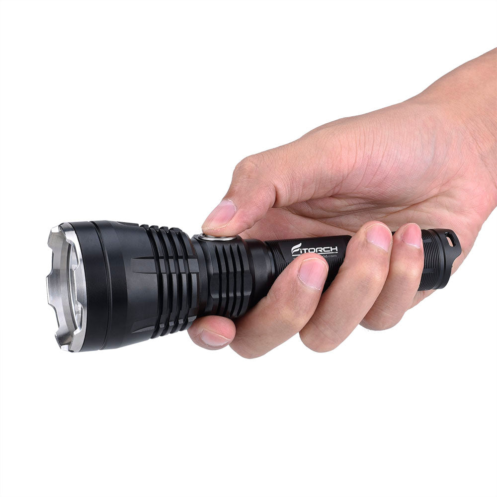 Fitorch P35R black flashlight held in one hand