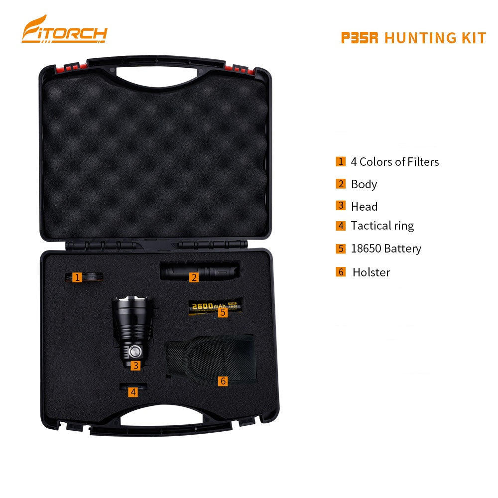 Fitorch P35R hunting kit case showing filters, light components, battery, ring and holster