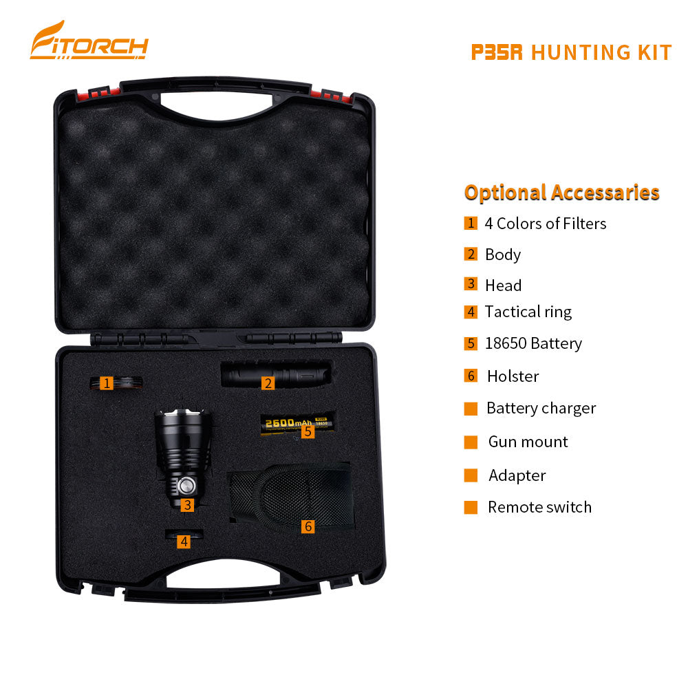 Fitorch P35R hunting kit in an open case with an optional accessory checklist