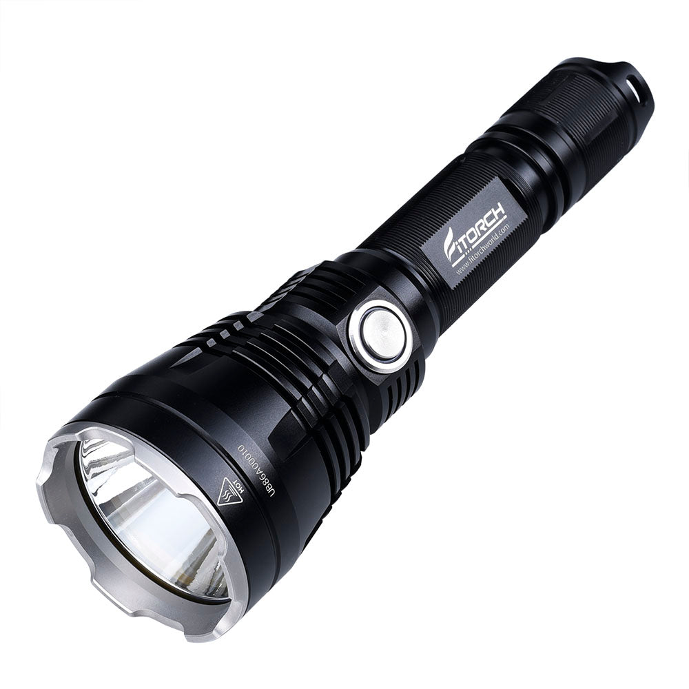 Fitorch P35R black flashlight angled to show the large reflector and metal side switch