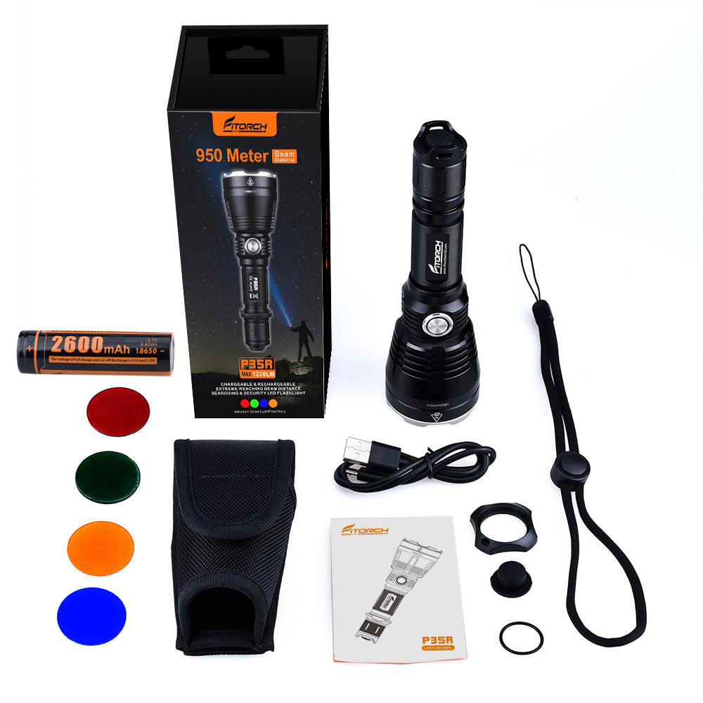 Fitorch P35R flashlight and retail box beside four color filters, battery, holster and accessories