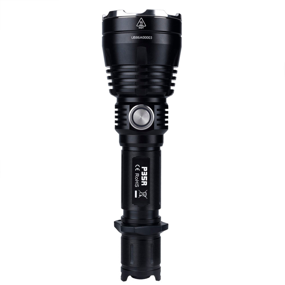 Fitorch P35R upright flashlight with the metal side switch facing forward