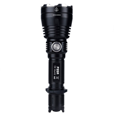 Fitorch P35R upright flashlight with the metal side switch facing forward
