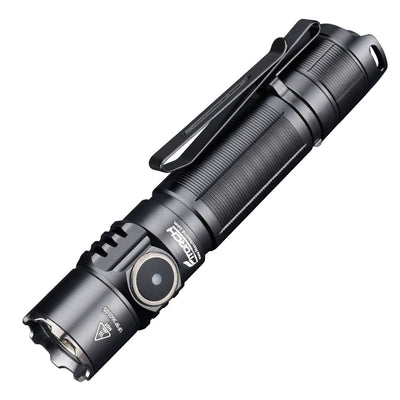 Fitorch P36 black flashlight angled to show the side switch and two-way clip