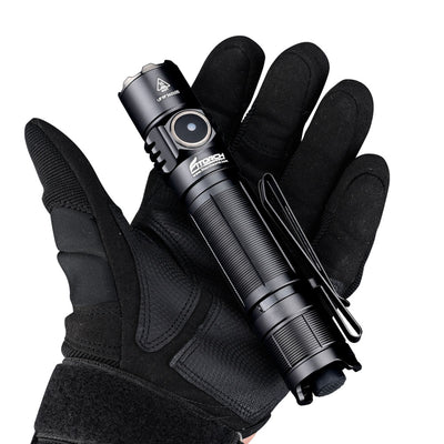 Fitorch P36 black flashlight resting in a gloved palm