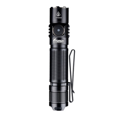 Fitorch P36 upright flashlight with the round side switch facing forward