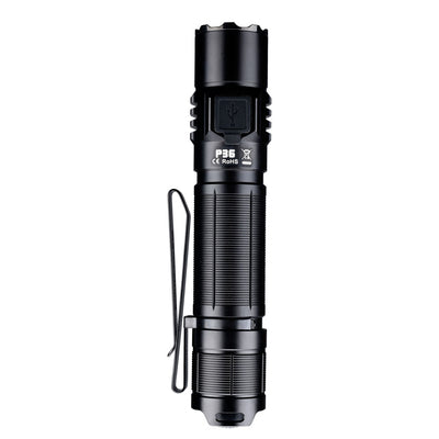 Fitorch P36 upright flashlight showing the USB cover and P36 model marking