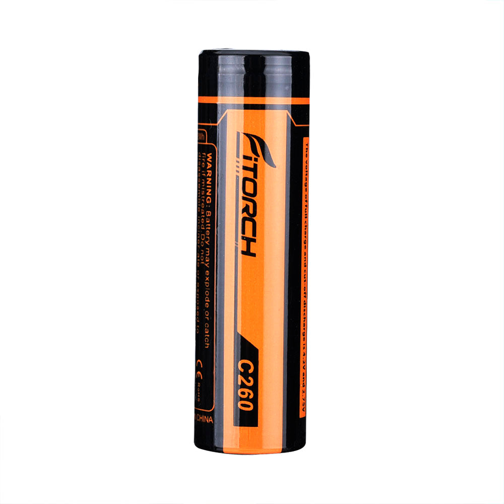 Upright Fitorch 18650 battery showing the orange logo and C260 wrapper label