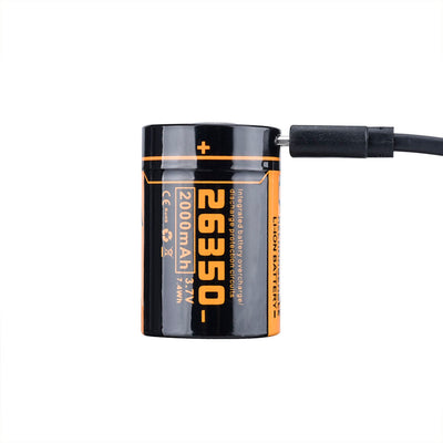 Fitorch UC20R 26350 battery connected to a USB charging cable beside the 2000mAh label