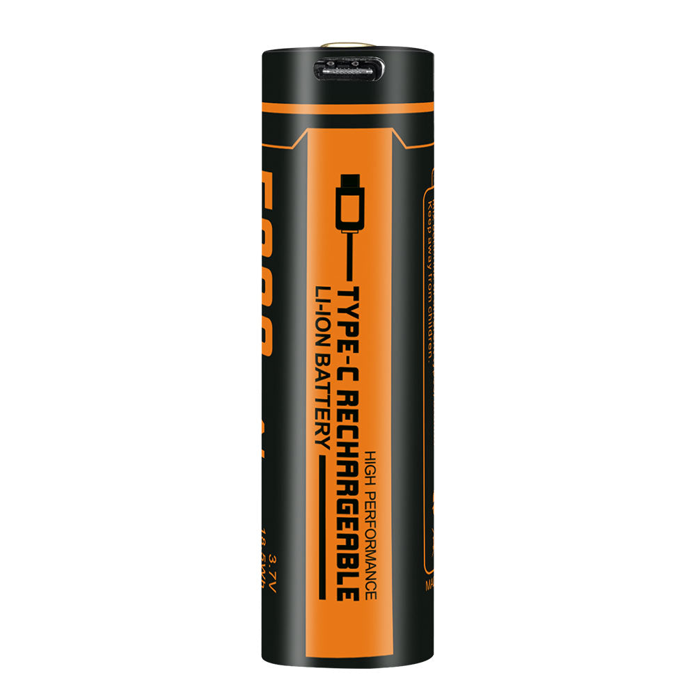 Fitorch UC270R upright 21700 battery showing its USB-C charging port and Type-C label