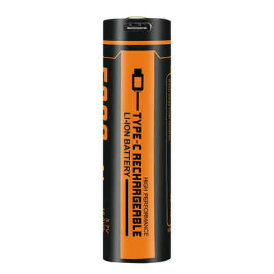 Fitorch UC270R upright 21700 battery showing its USB-C charging port and Type-C label